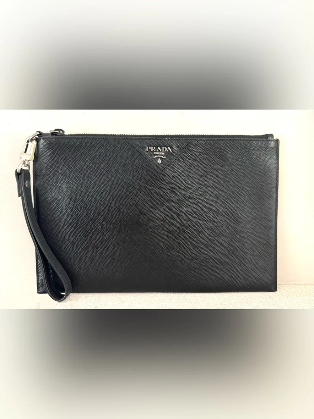PRADA Black Saffiano Leather Wristlet Clutch Document Pouch Unisex
